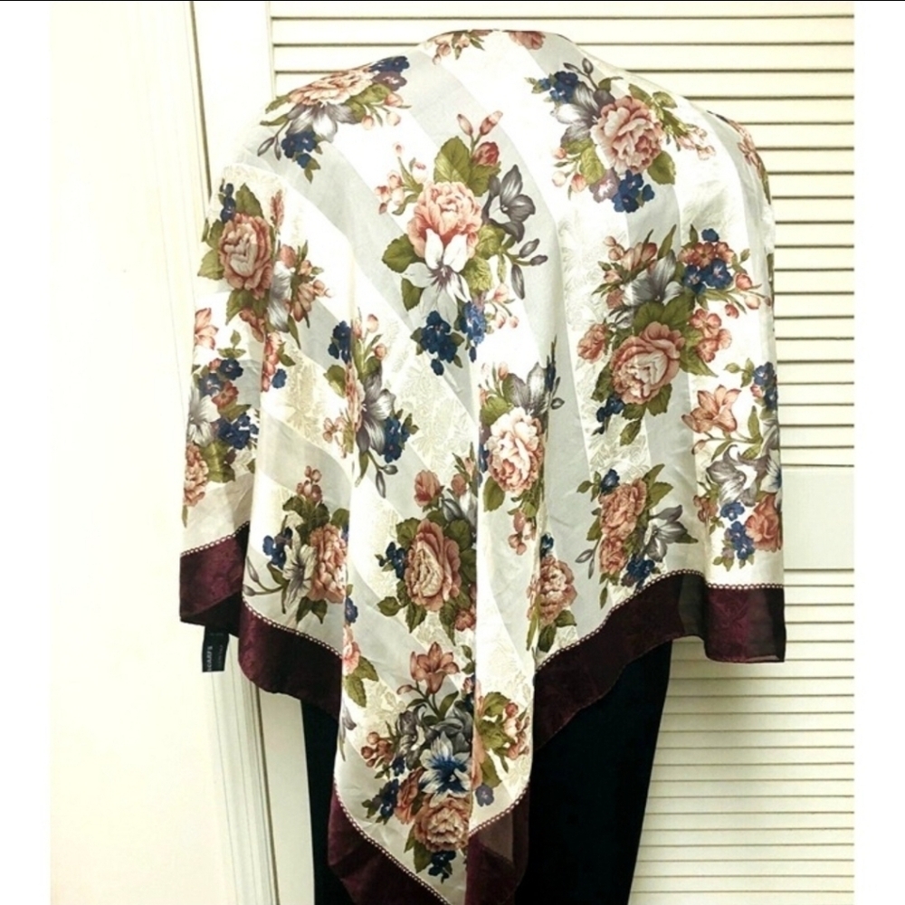 Casca Floral Square Scarf Cabbage Rose Silky Golden Shimmery Hand Rolled Hem